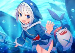 Rule 34 | 1girl, :d, animal hood, aqua nails, bent over, blue eyes, blue hair, blue hoodie, blush, claw pose, commentary, fins, fish tail, gawr gura, gawr gura (1st costume), grin, hand up, holding, holding weapon, hololive, hololive english, hood, hood up, hoodie, long sleeves, looking at viewer, multicolored clothes, multicolored hair, multicolored hoodie, nail polish, open mouth, red headwear, rotix, shark, shark hood, shark tail, sharp teeth, smile, streaked hair, tail, teeth, underwater, virtual youtuber, weapon, white hair