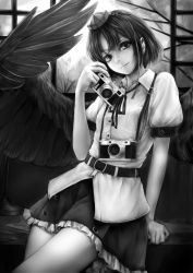 Rule 34 | 1girl, bad id, bad pixiv id, belt, bird wings, black wings, camera, dual wielding, frilled skirt, frills, greyscale, hat, hat ribbon, head tilt, highres, holding, looking at viewer, monochrome, nikon (company), nishi masakazu, puffy short sleeves, puffy sleeves, ribbon, shameimaru aya, shirt, short sleeves, skirt, solo, tokin hat, touhou, wings
