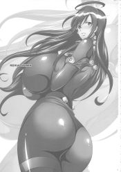 Rule 34 | 00s, 1girl, ahoge, ass, black hair, bodysuit, breast suppress, breasts, chiro (youkai tamanokoshi), cowboy shot, curvy, english text, engrish text, gantz, gantz suit, greyscale, highres, huge ass, huge breasts, impossible bodysuit, impossible clothes, light smile, long hair, looking back, monochrome, page number, parted lips, ranguage, shimohira reika, skin tight, solo, standing, twisted torso, zoom layer