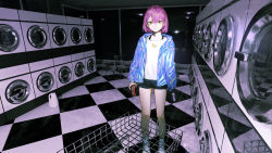 Rule 34 | 1boy, black shorts, blue jacket, brown eyes, can, checkered floor, drink can, hair between eyes, highres, holding, holding can, indoors, ishida (segu ishida), jacket, laundromat, looking at viewer, male focus, open clothes, open jacket, original, pink hair, shirt, shoes, short hair, short shorts, shorts, socks, soda can, solo, standing, trap, washing machine, white footwear, white shirt, white socks