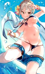Rule 34 | 1girl, aonaga heri, areola slip, bikini, bracelet, breasts, cleft of venus, closed mouth, clothes pull, commentary request, day, denim, denim shorts, from below, frontal wedgie, grey eyes, hair between eyes, idolmaster, idolmaster cinderella girls, idolmaster cinderella girls starlight stage, jewelry, licking lips, looking at viewer, nail polish, navel, ocean, one-piece swimsuit pull, outdoors, pulling own clothes, shiomi syuko, short shorts, shorts, shorts pull, silver hair, skindentation, smile, solo, stomach, sunlight, swimsuit, tongue, tongue out, underboob, wedgie, yellow nails