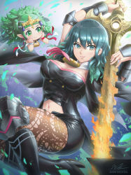 Rule 34 | 2girls, arm guards, black shorts, boots, breasts, brown pantyhose, burnt green tea, byleth (female) (fire emblem), byleth (fire emblem), cleavage, fire emblem, fire emblem: three houses, fire emblem heroes, flaming sword, flaming weapon, green eyes, heroes relic (fire emblem), high heel boots, high heels, highres, knee boots, knee guards, lace, lace-trimmed legwear, lace trim, pantyhose under shorts, looking at viewer, midriff, multiple girls, navel, nintendo, pantyhose, pointy ears, short shorts, shorts, smile, sothis (fire emblem), sword, sword of the creator, weapon