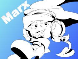 Rule 34 | 1boy, blue background, boots, bow, bowtie, character name, commentary request, gradient background, half-closed eyes, hands on headphones, hat, headphones, heart, jester cap, kirby (series), looking at viewer, marx (kirby), monochrome, nintendo, open mouth, shirushiki, smile, wings