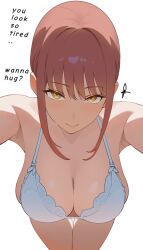 Rule 34 | 1girl, bare shoulders, bra, braid, breasts, chainsaw man, cleavage, closed mouth, english text, highres, large breasts, leaning forward, looking at viewer, makima (chainsaw man), pov, raian (adji213), red hair, ringed eyes, smile, solo, underwear, white background
