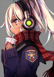 Rule 34 | 1girl, azur lane, black sailor collar, cardigan, coffee, coffee cup, commentary request, crossed bangs, cup, dark-skinned female, dark skin, disposable cup, expressionless, facepaint, grey background, hair between eyes, headphones, high ponytail, holding, holding cup, long hair, minneapolis (azur lane), minneapolis (wild huntress schoolgirl) (azur lane), nail polish, official alternate costume, otogi kyouka, patch, pink nails, plaid, plaid scarf, profile, purple cardigan, red eyes, red scarf, sailor collar, scarf, simple background, sleeves past wrists, solo, upper body, very long hair, white hair