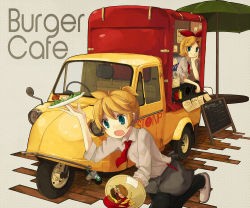 Rule 34 | 1boy, 1girl, 456 (456log), apron, bad id, bad pixiv id, black pants, blonde hair, blue eyes, brother and sister, burger, collared shirt, cup, d:, daihatsu, daihatsu midget, disposable cup, dropping, dual wielding, food, food stand, french fries, hair ornament, hair ribbon, hairclip, head rest, highres, holding, kagamine len, kagamine rin, ketchup bottle, menu board, motor vehicle, mustard, necktie, note, open mouth, pants, parasol, pen, plate, polka dot, polka dot background, red bull, red necktie, ribbon, shirt, shoes, short hair, siblings, sleeves rolled up, smile, sweatdrop, table, text focus, tray, tripping, twins, umbrella, van, vehicle, vocaloid, waist apron, waiter, white footwear, white shirt