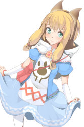 Rule 34 | 1girl, animal ears, bad id, bad pixiv id, bag, blonde hair, blue jacket, blue skirt, blush, cat ears, contrapposto, detached sleeves, dutch angle, green eyes, handbag, hood, jacket, low twintails, meowstress, monster hunter, monster hunter (series), monster hunter x, nekojo, open clothes, open jacket, over shoulder, pantyhose, paw print, puffy short sleeves, puffy sleeves, ribbon trim, shirt, short hair, short sleeves, shuga (soranote), sidelocks, simple background, skirt, smile, solo, standing, twintails, white background, white pantyhose, white shirt