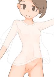 Rule 34 | 7071s, absurdres, belly, breasts, brown eyes, brown hair, collarbone, dress, gluteal fold, highres, loose clothes, matching hair/eyes, medium breasts, navel, original, pussy, see-through, see-through dress, short hair, standing, tagme, white dress
