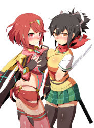 Rule 34 | 10s, 2girls, absurdres, ass, asuka (senran kagura), blouse, blush, breasts, brown eyes, butt crack, covered navel, crossover, earrings, fingerless gloves, gloves, hair ornament, hair ribbon, highres, jewelry, large breasts, long hair, looking at viewer, multiple girls, nintendo, ponytail, pyra (xenoblade), red eyes, red hair, red scarf, ribbon, scarf, school uniform, senran kagura, shirt, short hair, short ponytail, short shorts, shorts, sidelocks, simple background, smile, sweater vest, swept bangs, tiara, white background, xenoblade chronicles (series), xenoblade chronicles 2, yellow shirt