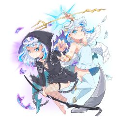 Rule 34 | 2girls, arm up, armpits, asymmetrical legwear, bare shoulders, blue eyes, blue hair, blunt bangs, bracelet, chain, dress, feathers, fins, fish tail, fishnet pantyhose, fishnets, gawr gura, grey hair, habit, halo, highres, hololive, hololive english, hood, hoodie, jewelry, long hair, long sleeves, mask, medium hair, mismatched legwear, moral cacoethes, multicolored hair, multiple girls, pantyhose, polearm, scythe, shark girl, shark tail, single thighhigh, skull mask, streaked hair, tail, thighhighs, trident, two side up, virtual youtuber, weapon