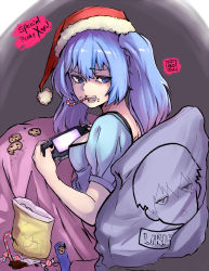Rule 34 | 10s, 1girl, :d, bag of chips, blanket, blue eyes, blue hair, candy, candy cane, chips (food), chocolate, christmas, cookie, food, gradient background, handheld game console, hat, hiroki (hirokiart), holding, long hair, matching hair/eyes, merry christmas, neet, open mouth, pajamas, pillow, playing games, playstation portable, puffy short sleeves, puffy sleeves, santa hat, short sleeves, smile, solo, tokyo ghoul, tokyo ghoul:re, twintails, urie kuki, yonebayashi saiko
