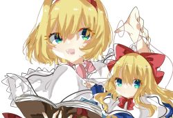 Rule 34 | 1girl, :d, alice margatroid, bad id, bad pixiv id, blonde hair, blue eyes, book, bow, capelet, hair bow, hairband, holding, holding book, looking at viewer, nishiki1225, open book, open mouth, puppet strings, shanghai doll, short hair, simple background, smile, solo, touhou, upper body, white background, white capelet