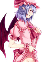 Rule 34 | 1girl, aged up, bat wings, blue hair, breasts, clothes lift, dress, dress lift, fangs, hat, hat ribbon, highres, lifted by self, looking at viewer, mob cap, naughty face, no bra, no panties, out-of-frame censoring, pink dress, pink ribbon, pointy ears, red eyes, remilia scarlet, ribbon, simple background, solo, touhou, undressing, vampire, white background, wings, zellam