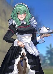 Rule 34 | 1girl, alternate costume, apron, black dress, blush, breasts, brown thighhighs, byleth (female) (fire emblem), byleth (fire emblem), closed mouth, commentary, cup, dress, english commentary, enlightened byleth (female), fire emblem, fire emblem: three houses, green eyes, green hair, hair between eyes, highres, holding, holding tray, juliet sleeves, knife, lips, long hair, long sleeves, looking at viewer, maid, maid headdress, medium breasts, nefery san, nintendo, outdoors, pink lips, puffy sleeves, skirt hold, smile, solo, teacup, teapot, thighhighs, tray, waist apron, weapon, white apron