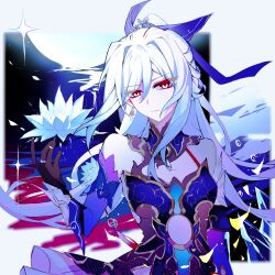 Rule 34 | 1girl, bare shoulders, black gloves, blue sleeves, closed mouth, detached sleeves, earrings, epiphyllum, expressionless, falling petals, gloves, hair between eyes, hand up, high ponytail, highres, honkai: star rail, honkai (series), jewelry, jingliu (honkai: star rail), long hair, petals, red eyes, red tassel, single earring, skirt, solo, white hair, white skirt, yeluodeyumao