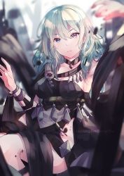 Rule 34 | 1girl, breasts, byleth (female) (fire emblem), byleth (fire emblem), choker, cleavage, closed mouth, dancer, dancer (fire emblem: three houses), dress, fire emblem, fire emblem: three houses, fruitfroze, green eyes, green hair, medium hair, nintendo, single-shoulder dress, solo, twitter username