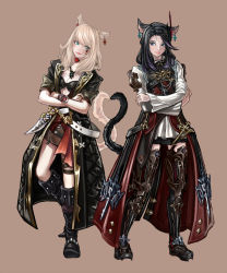 Rule 34 | 10s, 2girls, animal ears, armor, armored boots, belt, black footwear, black hair, blonde hair, blue eyes, boots, bracelet, cat ears, cat tail, chocobo, choker, earrings, facial mark, facial tattoo, final fantasy, final fantasy xiv, heart tail duo, highres, hyuu (sing-dog), jacket, jewelry, lipstick, makeup, armored boots, miqo&#039;te, multicolored hair, multiple girls, necklace, open clothes, open jacket, tail, tattoo, thigh boots, thigh strap, thighhighs, two-tone hair, warrior of light (ff14)
