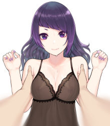 Rule 34 | 1boy, 1girl, bare arms, bare shoulders, blurry, blush, breasts, breasts squeezed together, cleavage, closed eyes, collarbone, depth of field, diagonal bangs, fingernails, highres, idolmaster, idolmaster shiny colors, large breasts, long hair, nail polish, nightgown, nipples, pink lips, pov, purple eyes, purple hair, purple nails, school uniform, see-through, serafuku, smile, solo focus, sunaba suzume, tanaka mamimi, upper body, w arms