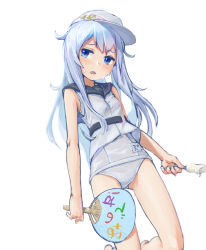 Rule 34 | 10s, 1girl, absurdres, blouse, blue eyes, flat cap, food, hammer and sickle, hand fan, hat, hibiki (kancolle), highres, kangoku kou, kantai collection, kneeling, long hair, looking at viewer, one-piece swimsuit, popsicle, school swimsuit, school uniform, shirt, silver hair, solo, sweat, swimsuit, swimsuit under clothes, verniy (kancolle), white school swimsuit, white one-piece swimsuit