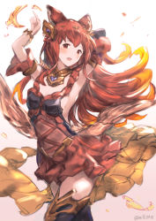 Rule 34 | 10s, 1girl, absurdres, animal ears, anthuria, armpits, bad id, bad pixiv id, fire, granblue fantasy, hair ornament, highres, md5 mismatch, milli0401, red eyes, red hair, resolution mismatch, skirt, solo, thighhighs