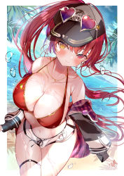 Rule 34 | 1girl, absurdres, bare shoulders, beach, bikini, black hat, blush, breasts, cleavage, collarbone, earrings, eyewear on head, hat, heart, heart-shaped eyewear, heterochromia, highres, hololive, houshou marine, houshou marine (summer), huge filesize, jewelry, large breasts, leaning forward, long hair, looking at viewer, navel, necklace, niku (hamuchang), o-ring, o-ring thigh strap, ocean, off-shoulder jacket, off shoulder, red-tinted eyewear, red bikini, red eyes, red hair, short shorts, shorts, smile, solo, swimsuit, thigh strap, tinted eyewear, tropical, twintails, virtual youtuber, yellow eyes