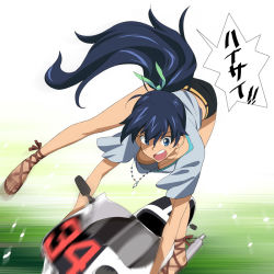 Rule 34 | 1girl, a1 (initial-g), ankle lace-up, antenna hair, black hair, blue eyes, breasts, cross-laced footwear, downblouse, ganaha hibiki, idolmaster, idolmaster (classic), jewelry, long hair, motion blur, motor vehicle, motorcycle, necklace, open mouth, ponytail, pun, sandals, shorts, solo, sweat, translation request, vehicle