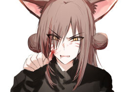 Rule 34 | 1girl, animal ear fluff, animal ears, black sweater, blood, blood on face, blood on hands, brown eyes, brown hair, cat ears, double bun, eyes visible through hair, final fantasy, final fantasy xiv, hair bun, hair over one eye, kinona, long hair, looking at viewer, miqo&#039;te, open mouth, simple background, solo, sweater, turtleneck, turtleneck sweater, upper body, v-shaped eyebrows, warrior of light (ff14), white background