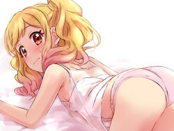 Rule 34 | 10s, 1girl, aikatsu!, aikatsu! (series), aikatsu stars!, ass, bare arms, bare shoulders, blonde hair, blush, breasts, closed mouth, embarrassed, gradient hair, highres, lingerie, looking at viewer, looking back, medium hair, multicolored hair, negligee, nijino yume, on bed, panties, pink hair, pink panties, red eyes, sekina, simple background, small breasts, solo, sweatdrop, two side up, underwear, white background