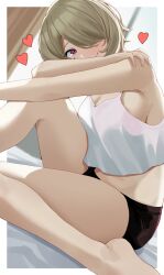 Rule 34 | 1girl, absurdres, bare shoulders, bed sheet, black shorts, blurry, blurry background, breasts, brown hair, casual, cleavage, haerge, hair over one eye, highres, honkai (series), honkai impact 3rd, large breasts, looking at viewer, purple eyes, rita rossweisse, short hair, shorts, sitting, solo, tank top, white tank top, window