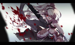 Rule 34 | 1girl, bad id, bad pixiv id, black skirt, breasts, character name, cosplay, fate/kaleid liner prisma illya, fate (series), floating hair, hair ornament, hair over one eye, heracles (fate), heracles (fate) (cosplay), holding, holding sword, holding weapon, illyasviel von einzbern, long hair, midriff, navel, open mouth, red eyes, silver hair, skirt, small breasts, solo, stomach, sword, timmy (tztime), underboob, very long hair, weapon