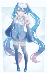 Rule 34 | 1girl, absurdres, arm tattoo, blue eyes, blue hair, blue necktie, boots, border, closed mouth, collared shirt, detached sleeves, dress shirt, floating hair, full body, gradient hair, grey footwear, grey shirt, grey skirt, grey sleeves, hair between eyes, hair ornament, hatsune miku, headphones, headset, highres, long hair, long sleeves, looking at viewer, mag 46, microphone, miniskirt, multicolored hair, necktie, number tattoo, outside border, pink hair, pleated skirt, shirt, skirt, sleeveless, sleeveless shirt, sleeves past fingers, sleeves past wrists, smile, solo, tattoo, thigh boots, thighhighs, twintails, very long hair, vocaloid, white border, wing collar, zettai ryouiki