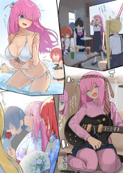 Rule 34 | 6+girls, absurdres, ahoge, alternate costume, animal, bikini, black bikini, blue eyes, blue hair, blue skirt, bocchi the rock!, bow, bowtie, breasts, candy apple, cleavage, closed eyes, commentary, crying, cube hair ornament, cup, detached ahoge, drinking glass, electric guitar, floral print kimono, food, from side, front-tie bikini top, front-tie top, gibson les paul, gotoh hitori, guitar, hair between eyes, hair ornament, highres, holding, holding microphone, ijichi nijika, instrument, jacket, japanese clothes, jimihen, karaoke, kimono, kita ikuyo, large breasts, leaning forward, long sleeves, looking at another, looking up, mameroku, microphone, multiple girls, multiple views, music, no eyes, one eye closed, one side up, open mouth, pants, peeking out, pink bow, pink bowtie, pink hair, pink jacket, pink pants, playing instrument, red hair, seiza, shirt, shirt tucked in, short hair, side-tie bikini bottom, side ponytail, singing, sitting, skirt, solo focus, swimsuit, track jacket, translation request, turtleneck, turtleneck jacket, wading, wavy mouth, white bikini, white kimono, white shirt, yamada ryo