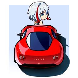 Rule 34 | 1girl, absurdres, back tattoo, backless shirt, black shirt, blue background, border, car, commentary, duz, english commentary, hair intakes, highres, honkai: star rail, honkai (series), mazda, mazda iconic sp, motor vehicle, multicolored hair, red hair, shadow, shirt, simple background, sleeveless, sleeveless shirt, smile, solo, sports car, streaked hair, tattoo, topaz (honkai: star rail), vehicle focus, white border