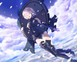 Rule 34 | 1girl, :d, armored boots, armored leotard, black leotard, boots, breasts, breasts apart, cloud, day, elbow gloves, fate/grand order, fate (series), floating hair, gloves, hair over one eye, high heel boots, high heels, leotard, looking at viewer, mash kyrielight, medium breasts, open mouth, outdoors, petals, purple eyes, short hair, silver hair, sirohi, smile, solo, thigh boots, thighhighs