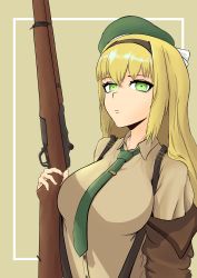 Rule 34 | 1girl, beret, blonde hair, breasts, brown jacket, brown shirt, closed mouth, clothes pull, girls&#039; frontline, green eyes, green necktie, gun, hair ribbon, hairband, hat, highres, holding, holding weapon, jacket, jacket pull, large breasts, long hair, looking at viewer, m1 garand, m1 garand (girls&#039; frontline), necktie, ribbon, rifle, rossam, shirt, simple background, solo, suspenders, weapon
