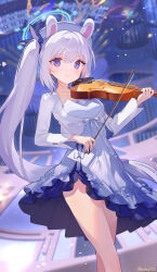 Rule 34 | 1girl, ainy, blue archive, blue halo, blush, bow (music), breasts, closed mouth, collarbone, dress, feet out of frame, grey hair, halo, highres, holding, holding instrument, instrument, long hair, long sleeves, looking at viewer, miyako (blue archive), purple dress, purple eyes, side ponytail, small breasts, smile, solo, twitter username, violin