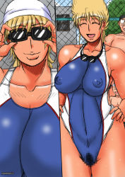 Rule 34 | 1boy, 1girl, blonde hair, blush, breasts, censored, chain-link fence, competition swimsuit, covered erect nipples, day, fence, glasses, goggles, highres, honoo no toukyuuji: dodge danpei, ichigeki haruka, large breasts, mosaic censoring, one-piece swimsuit, opaque glasses, outdoors, papepox2, skin tight, smile, swim cap, swimsuit