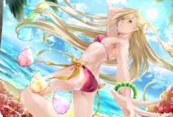 Rule 34 | 1girl, ass, bare shoulders, bikini, blonde hair, blush, bracelet, breasts, day, eyes visible through hair, green eyes, jewelry, long hair, looking at viewer, magilou (tales), medium breasts, naka (cheeseyeast), outdoors, pointy ears, red bikini, shiny clothes, shiny skin, side-tie bikini bottom, smile, solo, sparkle, standing, standing on one leg, swimsuit, tales of (series), tales of berseria, very long hair