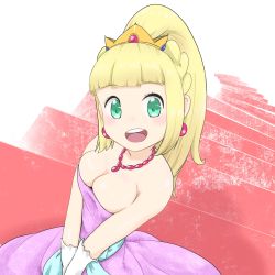 Rule 34 | 1girl, absurdres, alternate costume, bare shoulders, blonde hair, breasts, cleavage, creatures (company), crown, dress, earrings, game freak, gloves, green eyes, high ponytail, highres, jewelry, light blush, lillie (pokemon), long hair, looking at viewer, medium breasts, microsd (pibo), necklace, nintendo, own hands together, pink dress, pokemon, pokemon sm, princess, solo, stairs, strapless, strapless dress, white gloves