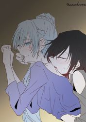 Rule 34 | 2girls, artist name, blue eyes, blush, clothed sex, commentary request, earrings, closed eyes, jewelry, kiss, kissing neck, monokuro (sekahate), multiple girls, protected link, ruby rose, rwby, scar, scar across eye, scar on face, weiss schnee, white hair, yuri