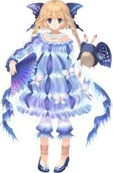 Rule 34 | 1girl, :o, anklet, aquaplus, bird, blonde hair, blue eyes, blue theme, braid, butterfly hair ornament, dress, dungeon travelers 2, eyebrows, flying, full body, hair ornament, hand fan, highres, holding, holding fan, jewelry, lizerietta marsh, long hair, long sleeves, looking at viewer, mitsumi misato, official art, penguin, pigeon-toed, transparent background, twin braids
