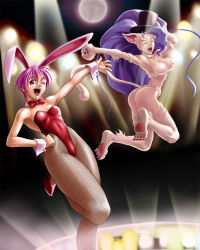 Rule 34 | 2girls, animal ears, animal hands, ass, big hair, blue hair, body fur, bow, bowtie, breasts, capcom, cat ears, cat tail, closed eyes, cuffs, demon girl, fake animal ears, felicia (vampire), fishnet pantyhose, fishnets, flat chest, game, hand on own hip, hat, highleg, hip focus, jumping, kagami hirotaka, leg lift, leotard, lilith aensland, long hair, medium breasts, moon, multiple girls, night, one eye closed, open mouth, pantyhose, pink hair, playboy bunny, purple hair, rabbit ears, red eyes, red leotard, short hair, tail, thighhighs, top hat, vampire (game), very long hair, wink, wrist cuffs