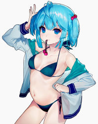 Rule 34 | 1girl, ainy, antenna hair, aqua bikini, arched back, bad id, bad pixiv id, bikini, blouse, blue eyes, blue hair, blush, closed mouth, collarbone, cowboy shot, hair bobbles, hair ornament, highres, holding, holding hair, kawashiro nitori, looking at viewer, mouth hold, open clothes, open shirt, school uniform, serafuku, shirt, sidelocks, simple background, solo, swimsuit, thighs, touhou, twintails, two side up, undressing, white background
