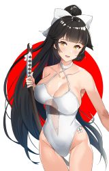 Rule 34 | 1girl, :d, azur lane, black hair, blunt bangs, blush, bow, breasts, cleavage, collarbone, cowboy shot, hair bow, hair flaps, highres, holding, holding sword, holding weapon, japanese flag, katana, large breasts, light smile, long hair, looking at viewer, mitsukichi, one-piece swimsuit, open mouth, see-through, sheath, sheathed, sidelocks, smile, solo, swimsuit, sword, takao (azur lane), takao (beach rhapsody) (azur lane), thigh gap, very long hair, weapon, white bow, white one-piece swimsuit