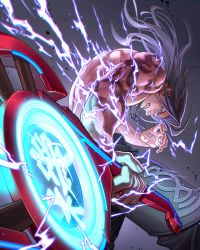 Rule 34 | 1boy, action, black hair, clenched teeth, dunban (xenoblade), electricity, grey background, holding, holding sword, holding weapon, hunched over, iroha (akei0710), jewelry, long hair, male focus, monado, muscular, muscular male, pendant, scar, topless male, solo, sword, teeth, weapon, xenoblade chronicles 1, xenoblade chronicles (series)