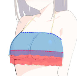 Rule 34 | 1girl, arms behind back, bare shoulders, bikini, brown hair, closed mouth, collarbone, cropped, dotted line, frills, how to, long hair, original, simple background, solo, swimsuit, terazip, white background