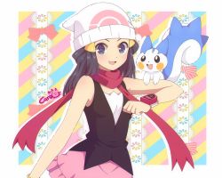 Rule 34 | 1girl, :d, artist name, beanie, black hair, blue eyes, blush, breasts, caro-xy, commentary, creatures (company), dawn (pokemon), english commentary, game freak, gen 4 pokemon, hair ornament, hat, light blush, long hair, looking at viewer, nintendo, open mouth, pachirisu, pink scarf, pink skirt, poke ball print, pokemon, pokemon (creature), pokemon dppt, pokemon on arm, scarf, skirt, sleeveless, smile, tongue, v-shaped eyebrows, white headwear