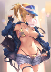 Rule 34 | 1girl, ahoge, artoria pendragon (fate), bag, bikini, blonde hair, blowing bubbles, blue coat, blue eyes, blue hat, breasts, cellphone, choker, cleavage, coat, collarbone, commentary request, cowboy shot, denim, denim shorts, earphones, fate/grand order, fate (series), fingerless gloves, glasses, gloves, gold bikini, hair between eyes, hat, highleg, highleg bikini, holding, holding bag, holding phone, jewelry, large breasts, light particles, long hair, mysterious heroine x (fate), mysterious heroine xx (fate), navel, necklace, open clothes, open coat, open fly, parfaitlate, phone, ponytail, shorts, sidelocks, signature, smartphone, solo, swimsuit, thigh strap, toned, visor cap, wet, yellow eyes