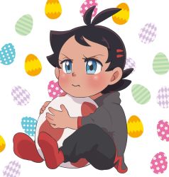 Rule 34 | 1boy, :i, aged down, antenna hair, black pants, blue eyes, blush, brown hair, closed mouth, commentary request, creatures (company), egg, egg background, eyelashes, game freak, goh (pokemon), grey shirt, highres, holding, holding egg, kawachaneel, male focus, medium hair, nintendo, pants, pokemon, pokemon (anime), pokemon journeys, pout, red socks, shirt, socks, solo