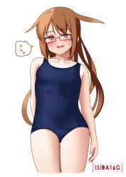 Rule 34 | 1girl, blue one-piece swimsuit, blush, brown hair, collarbone, embarrassed, flat chest, highres, ishida arata, kantai collection, long hair, mochizuki (kancolle), one-piece swimsuit, red-framed eyewear, school swimsuit, solo, swimsuit